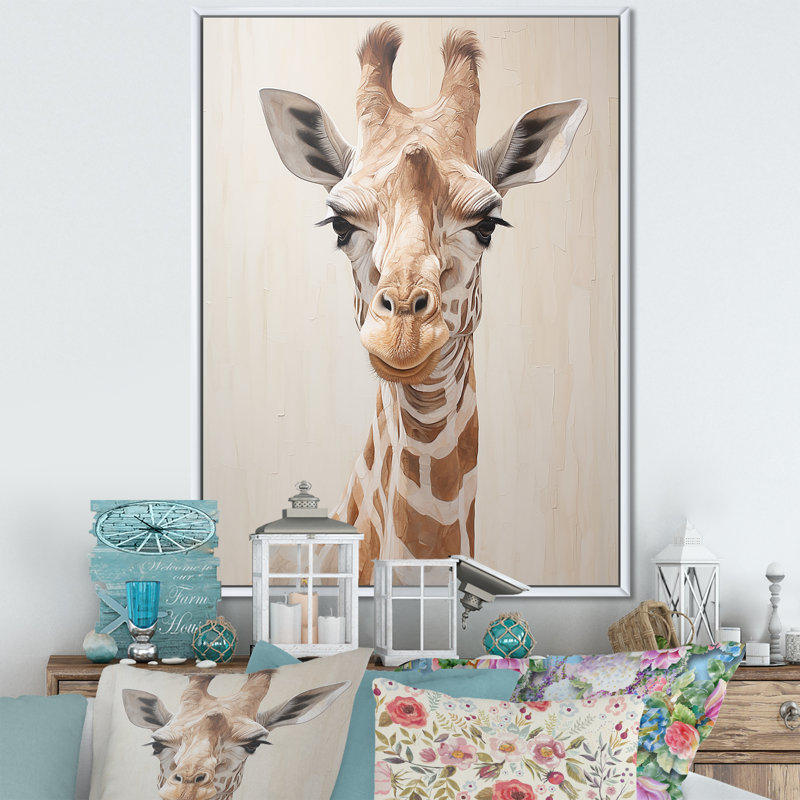 Impression sur toile «Minimalisme», girafe beige sur fond blanc, Cadre flottant blanc, H 44 po x l 34 po x P 1,5 po