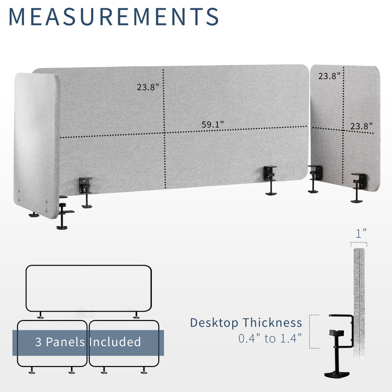 Gray Clamp-On Acoustic Desk Privacy Panels Set