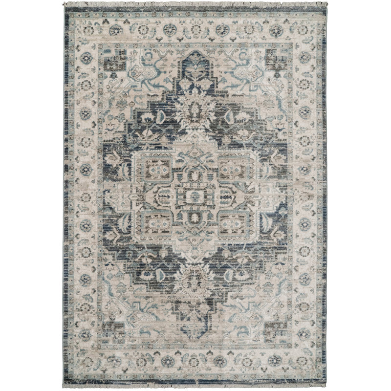 Tapis bleu foncé/crème Omarion, Rectangle 7 pi 10 po x 10 pi
