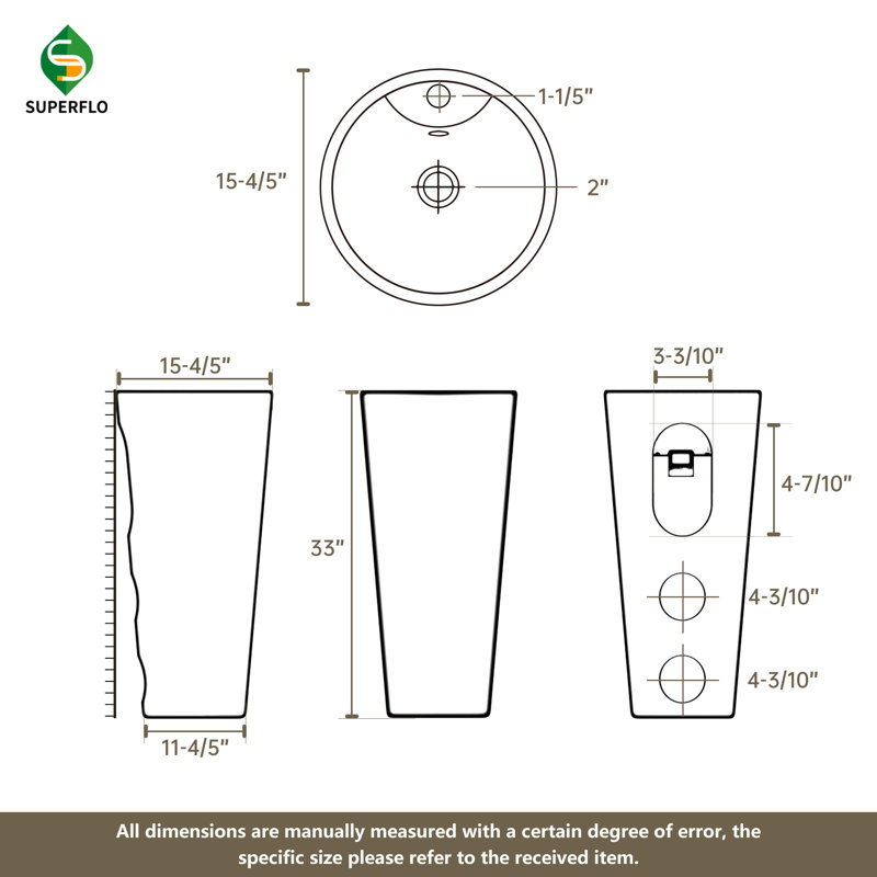 SUPERFLO 33'' Tall Ceramic Circular Pedestal Bathroom Sink with Overflow, White