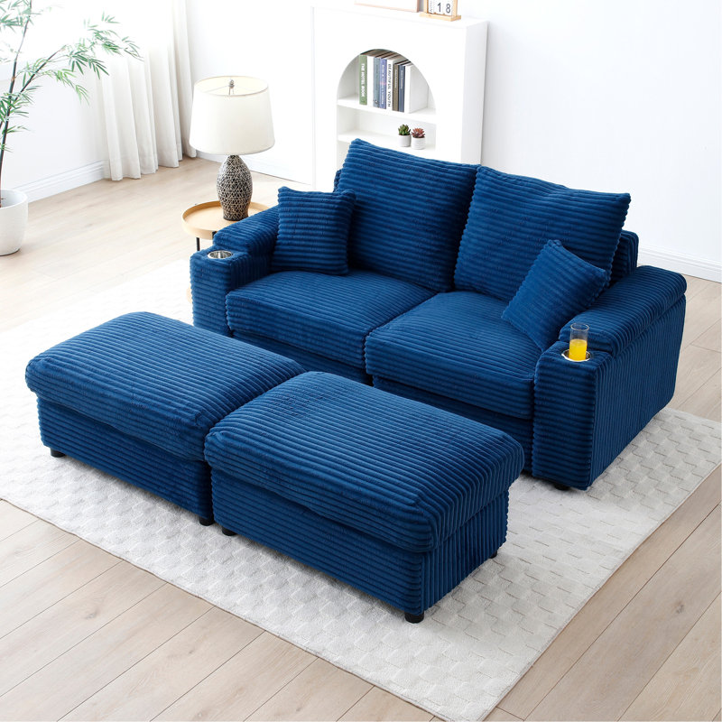 Loveseat With Ottomans,Corduroy Fabric Modular Sectional Sofa,Comfy Deep Plush Couch With Ottomans And Two Pillows,For Small Spaces, Living Room,Bedroom, Office