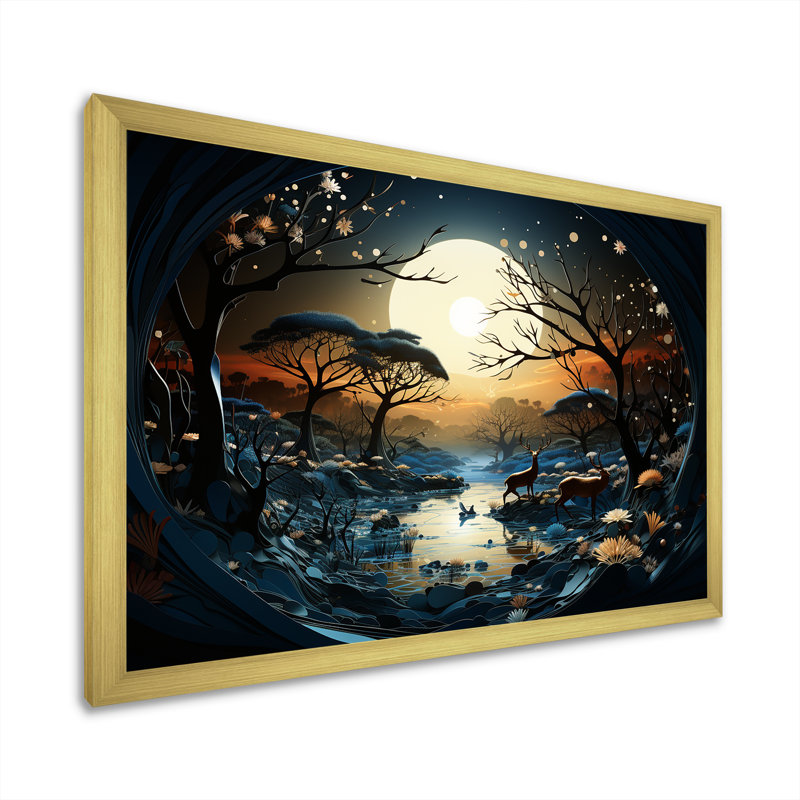«Dreamy Moonlit Jungle I», art mural abstrait, H 12 po x l 20 po x P 1 po, Cadre doré à coins fermés