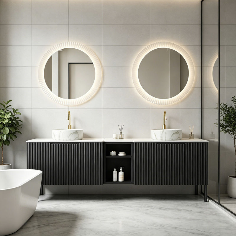Meuble-lavabo double autoportant 72 po avec lavabo 72 po, 2 armoires de rangement rayées 30 po + tablette ouverte amovible 12 po, 2 vasques rondes en pierre avec comptoir blanc Carrara