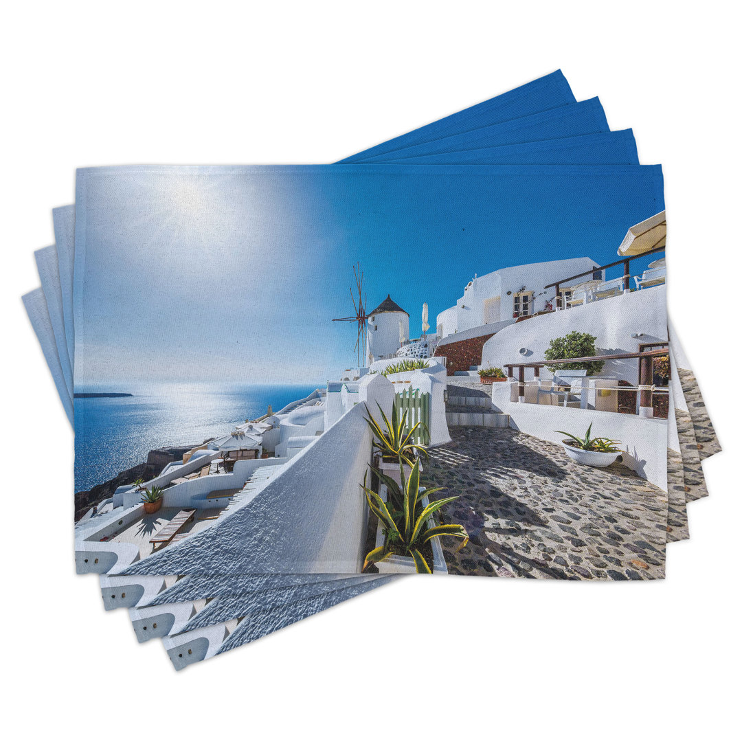 Platzdeckchen 4er Set, Oia Village in Santorini, Blau und Weiß