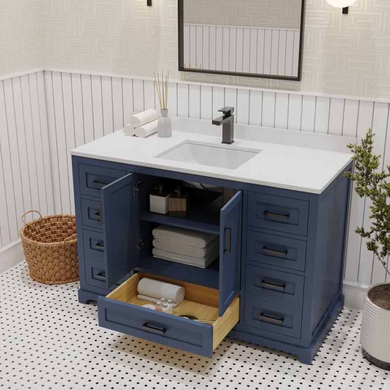 Ensemble de meuble-lavabo 48 po avec comptoir en quartz Ayna Decors Maya | Lavabo en céramique | 2 portes à fermeture douce | 7 tiroirs pleine extension à fermeture en douceur