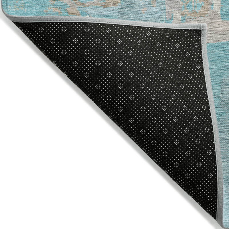 Tapis intérieur / extérieur 5 pi x 8 pi bleu sarcelle à motif géométrique lavable turquoise et taupe