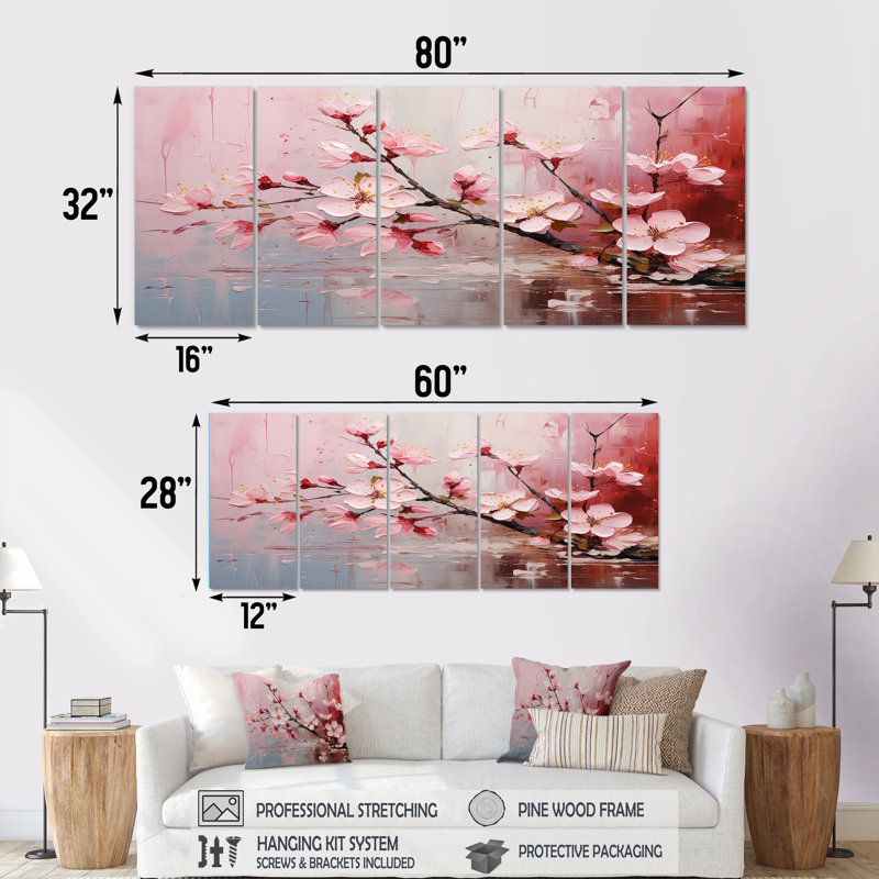 Décoration murale 5 pièces cerisier blanc et rose Bloom IV - Cerisier, H 28 po x l 60 po
