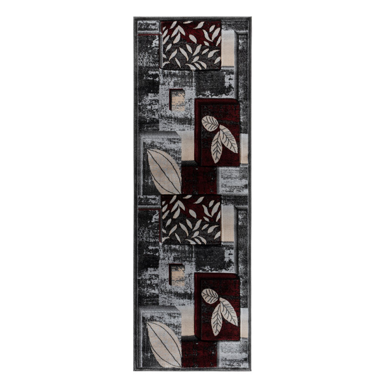 Tapis gris / rouge Emaline, Tapis de couloir 2 pi 8 po x 8 pi 1 po