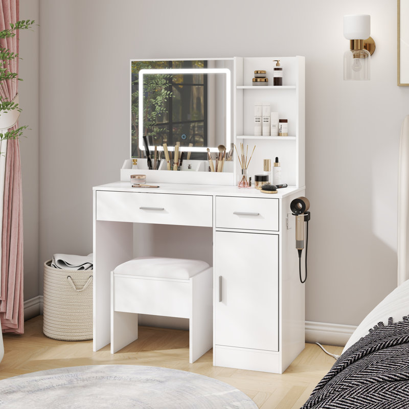 Ensemble de coiffeuse, bureau de coiffeuse avec tabouret, miroir lumineux à DEL et station de charge Lavin, Blanc