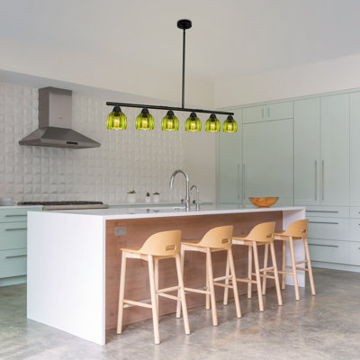 4/6-Light Dimmable Modern Linear Chandelier with Green Glass Shades for Dining Room