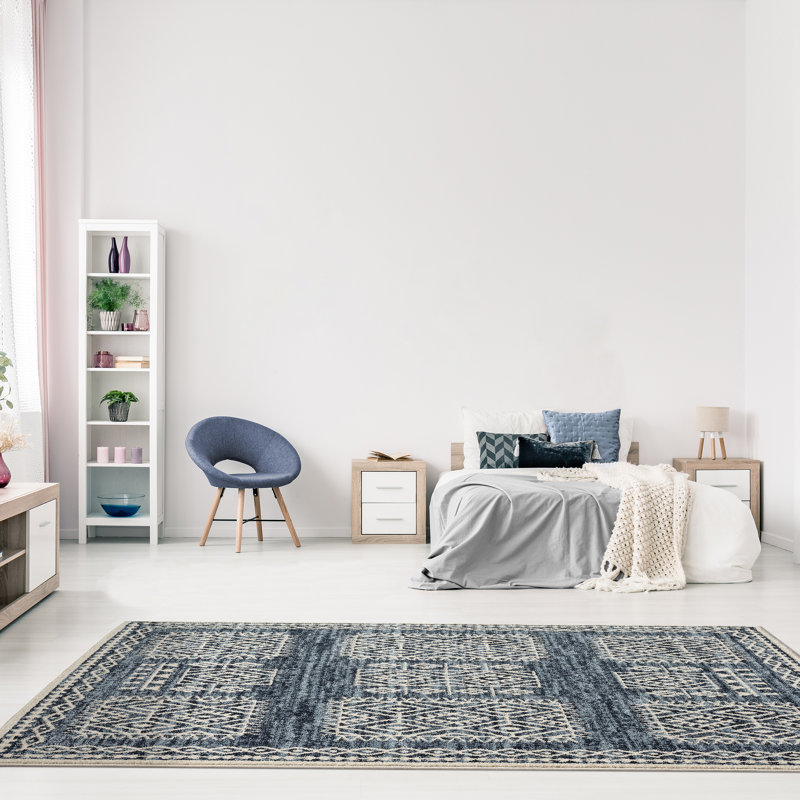 Tapis bleu abstrait en polypropylène tissé à la machine, Rectangle 6 pi 7 po x 9 pi 2 po