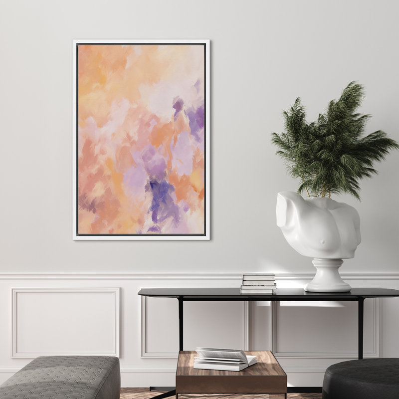 «Peinture abstraite mauve et moderne, coups de pinceau, images encadrées du salon», Cadre blanc, H 36 po x l 24 po