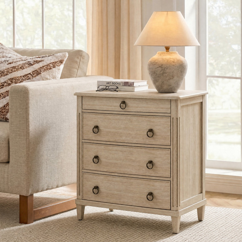 Crinelt 27'' W Traditional 3-Drawer End Table with Pull-out Shelf and Solid Wood Legs, White
