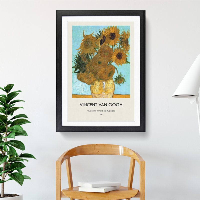 Twelve Sunflowers by Vincent Van Gogh - Picture Frame Painting, 48cm H x 36cm W x 2cm D, Black Framed