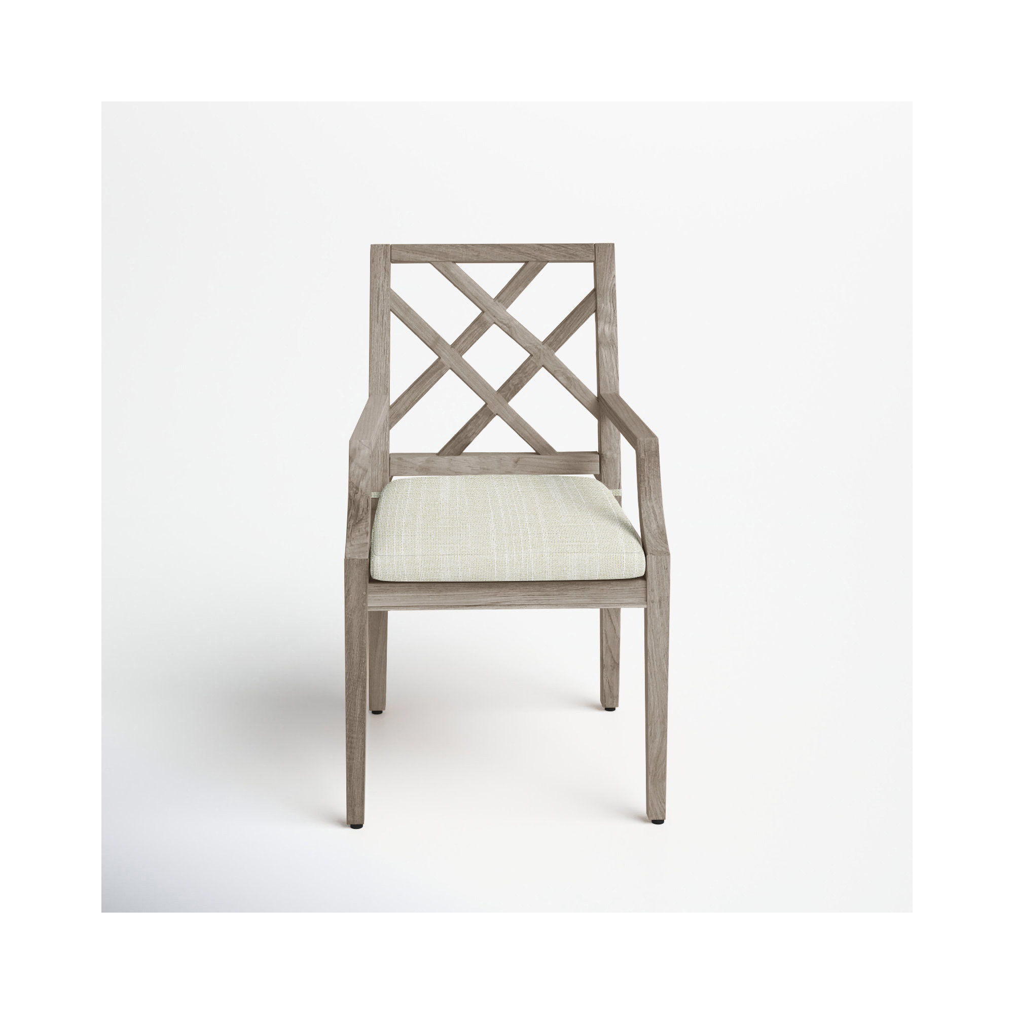 Haley Teak Outdoor Arm Chair Latticework Back, Oyster Teak, No Welt, Rollo Cream InsideOut® Linen