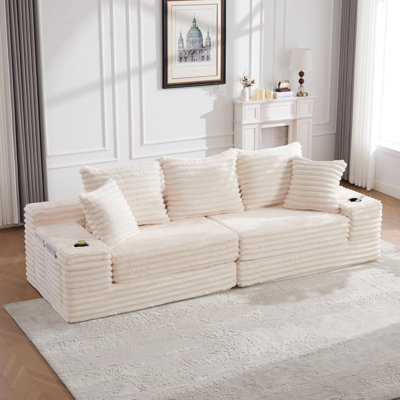 Boneless Oversized Boneless Sofa Indoor With Cup Holder And Side Pockets, Corduroy Sofa Bed Cloud Couch With 3 Pillows, Reading Gaming Chair For Living Room, Bedroom,no Assembly