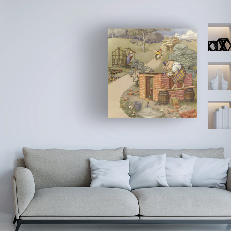Art anglais sur toile, "Les trois petits cochons", H 14 po x l 14 po