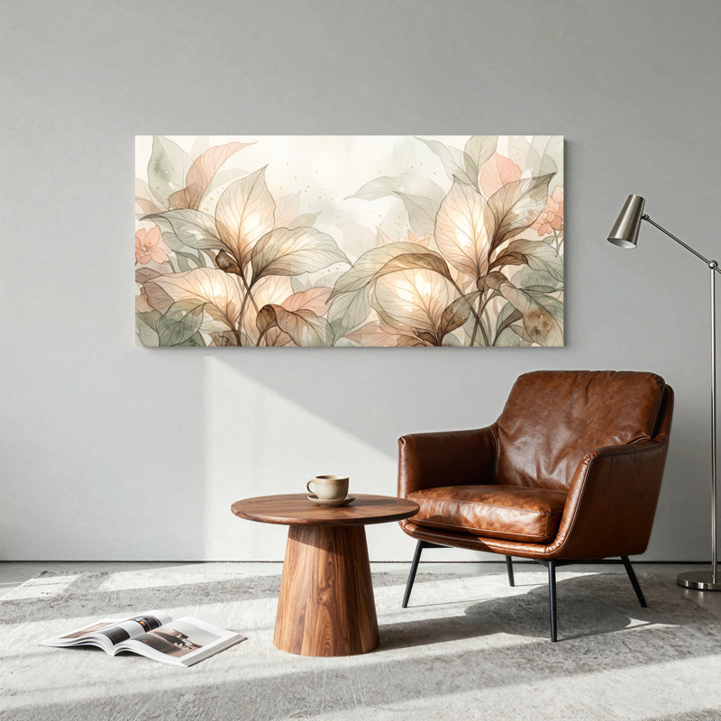 Ensemble de 1 tableau sur toile à l'aquarelle représentant des feuilles, L 40 po x H 20 po, Toile tendue