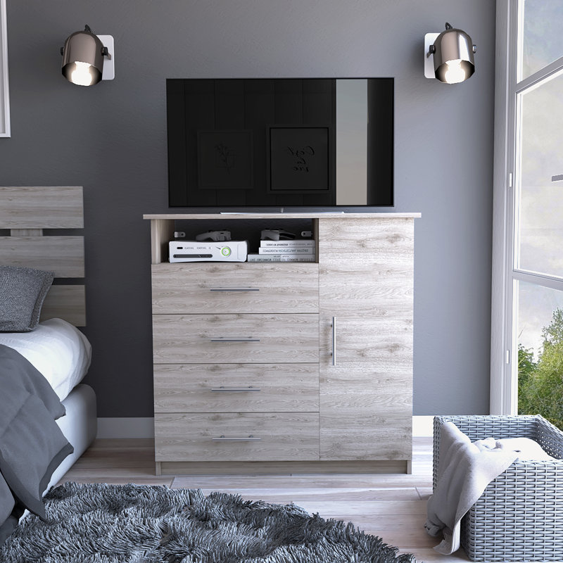 Commode 4 tiroirs avec placard vertical Khenadi, Gris clair