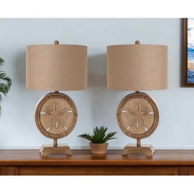 Two pieces of Ardita 31" Brown Novelty Table Lamps With Tan Drum Shade