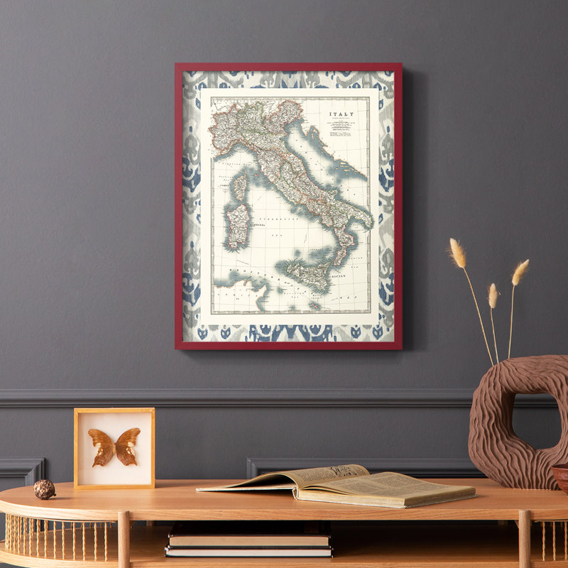 Carte encadrée de l'Italie, reproduction encadrée - bois massif, Rouge, H 10 po x l 8 po