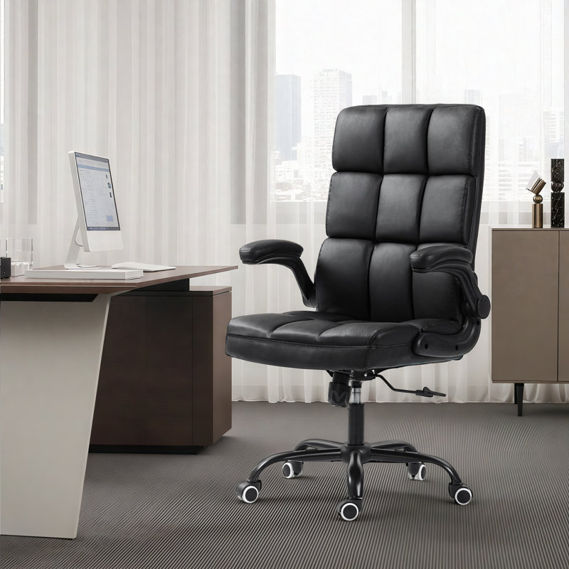 Leather Executive Chair With Adjustable Flip‑Up Arms, Black