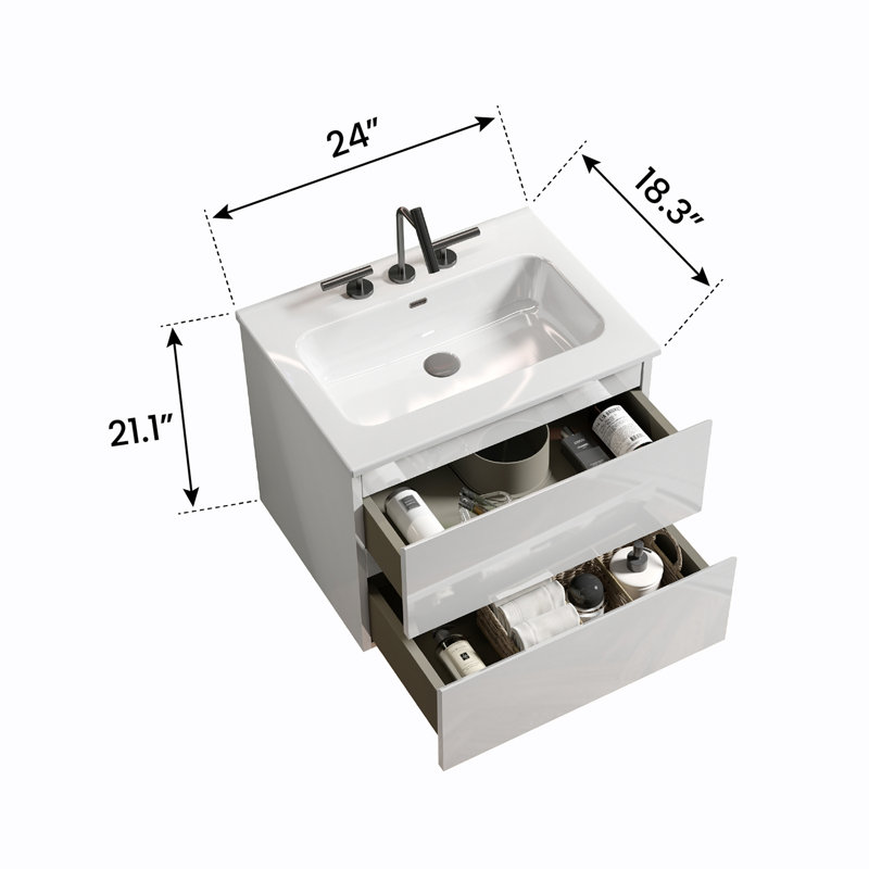 Meuble-lavabo mural 24 po avec lavabo en céramique, Blanc lustré, Triple