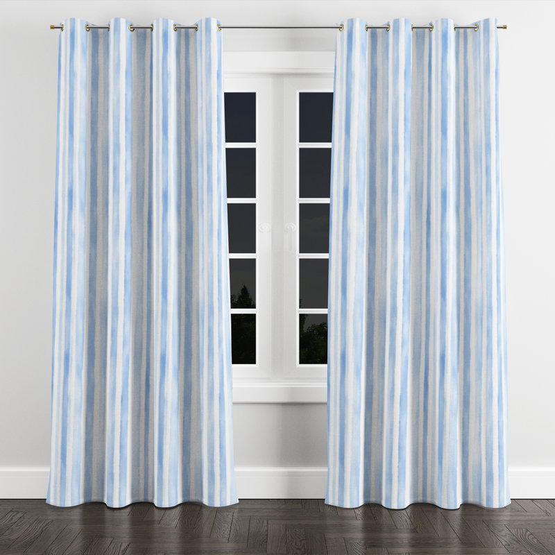 Modern Window curtains - Striped Blue And White Soft Blue Stripes Grommet Curtain - 1 Panel, Gold Grommets, 52" W x 108" L