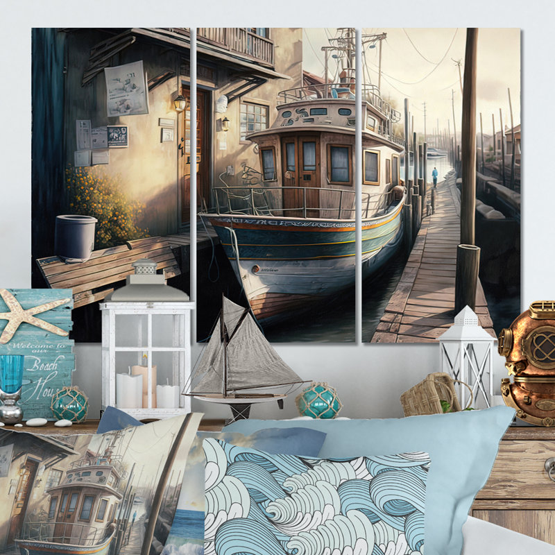 Rustic Port With A Fishing Boat IV " Rustic Port With A Fishing Boat IV " 3 - Pieces, 28" H x 36" W x 1" D, Wrapped Canvas