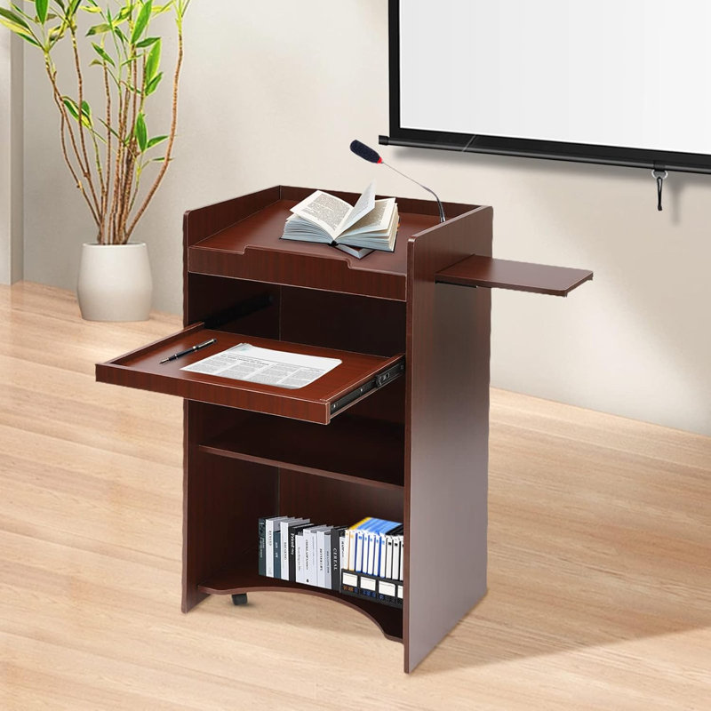 Support de présentation mobile avec roulettes, lutrin roulant et podium pour les conversations, support de haut-parleur portable avec tablettes de rangement pour le bureau et la salle de classe