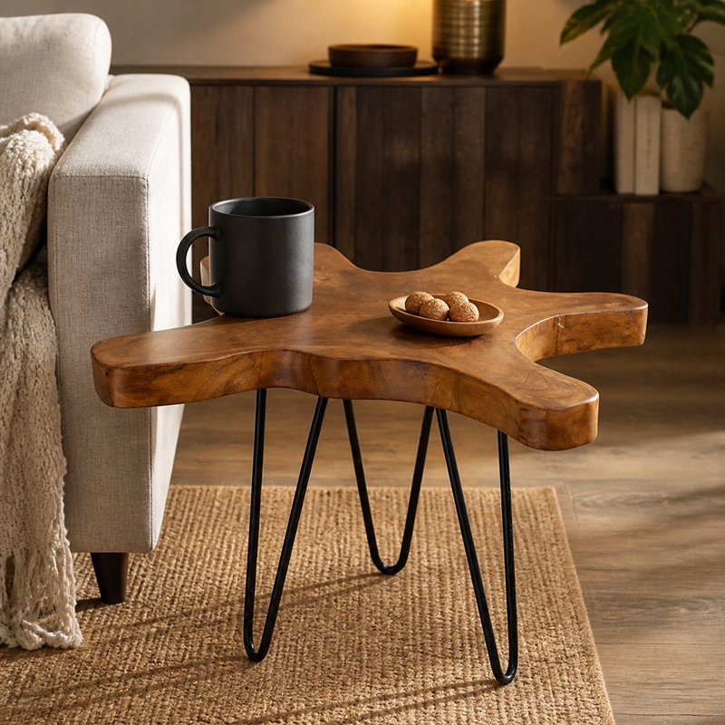 Table d'appoint en teck massif à bords naturels, pieds à épingles noirs, fini brun