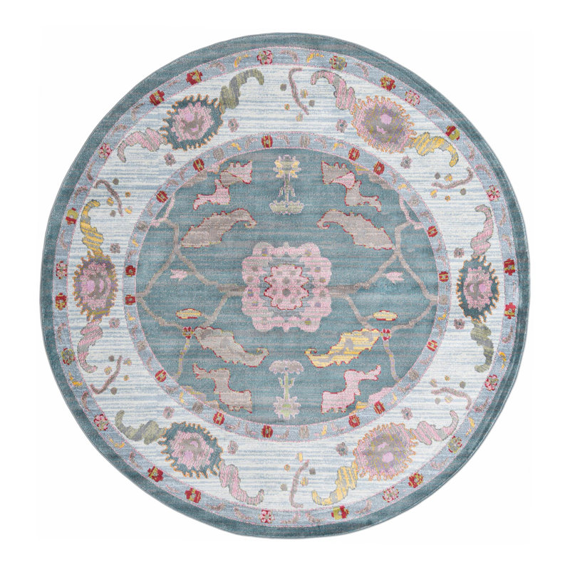 Tapis Haefner_Gris et bleu, Rond 8 pi 2 po