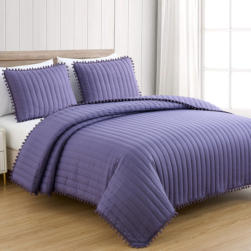 Washed Microfiber Channel Stitch Pom Pom Quilt Set, King Quilt + 3 King Shams, Sage Green