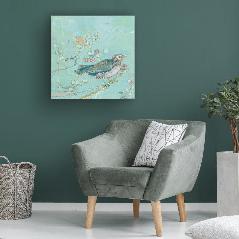 Teal and White Bird on Branch Canvas Art, 14 x 14 Inches