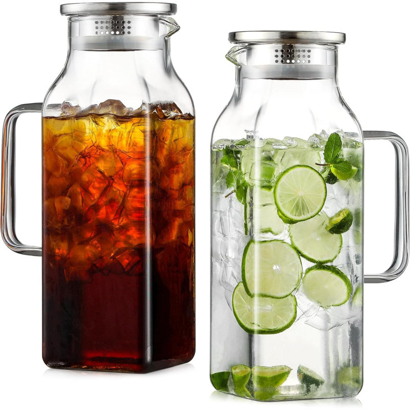 Ensemble de 2 pichets carrés en verre de 2 litres avec couvercle et poignée pour carafe à thé glacé et carafe à café en verre borosilicaté résistant à la chaleur