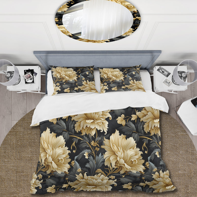 Luxueuses fleurs noires et beiges damassées - ensemble de housse de couette damassé - microfibre de polyester