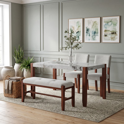 Ensemble de salle à manger moderne 4 pièces avec table en faux marbre, chaises rembourrées et banc pour la salle à manger