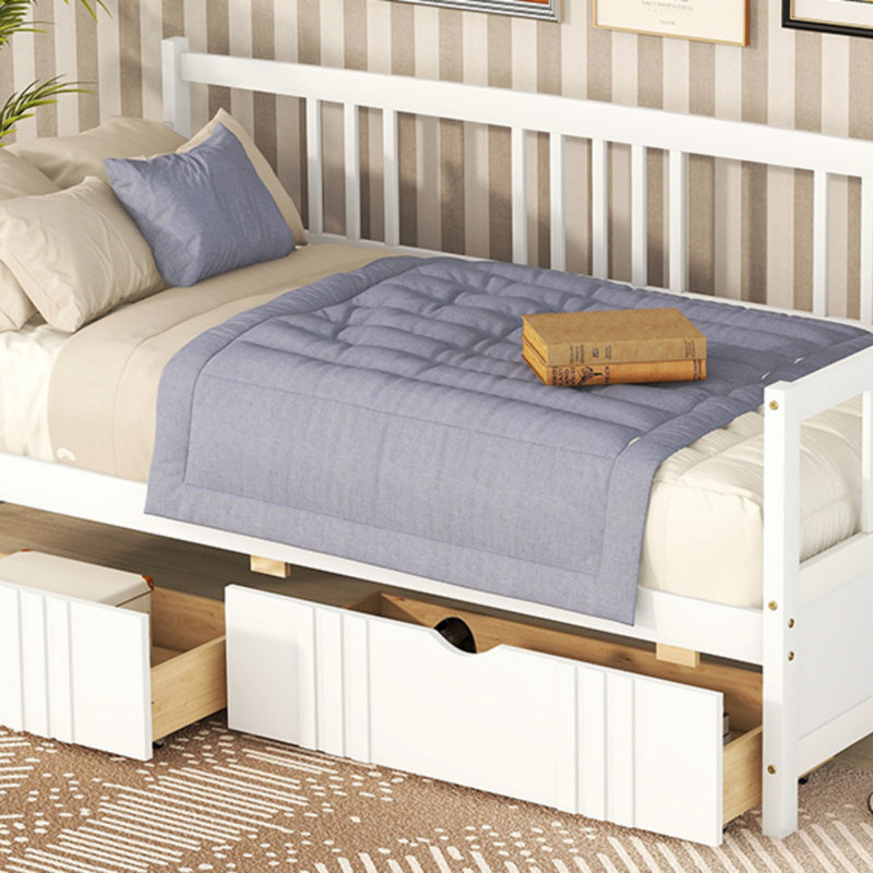 Lit de jour simple en bois avec deux tiroirs, Lit simple, Blanc