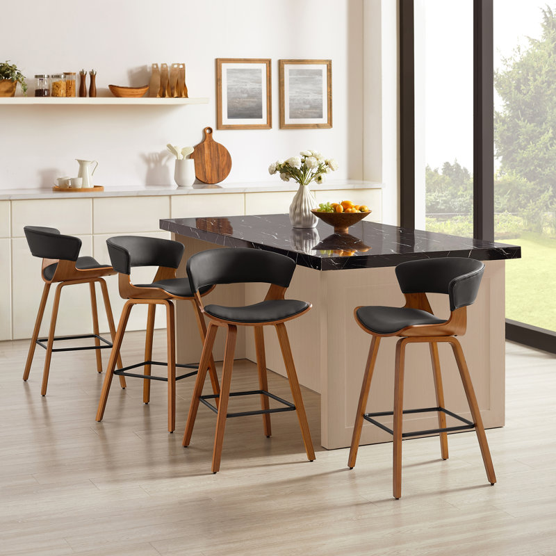 Blayse 26.96" PU Upholstered Counter Bar Stool with Wood Frame (Set of 4), Black Faux Leather/Brown Frame