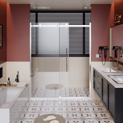 Frameless Design Shower Door Single Sliding Opening, 1/4 " Thick Clear Tempered Shower Door With Zinc Roller Rail System, Stainless Steel Handle