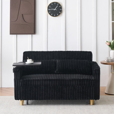 Black Corduroy Couch With Movable Desk And Port For Convenience Photography Table Charging Point