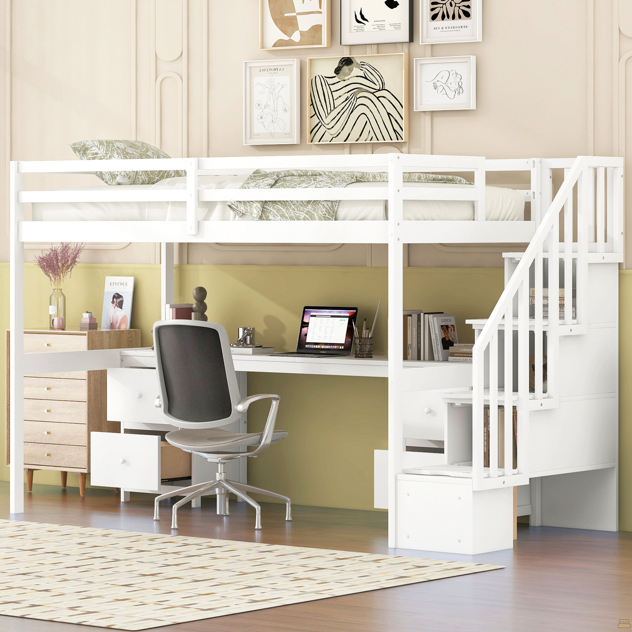 Ebern Designs Twin Size Loft Bed Frame With Built-In Desk And Double ...