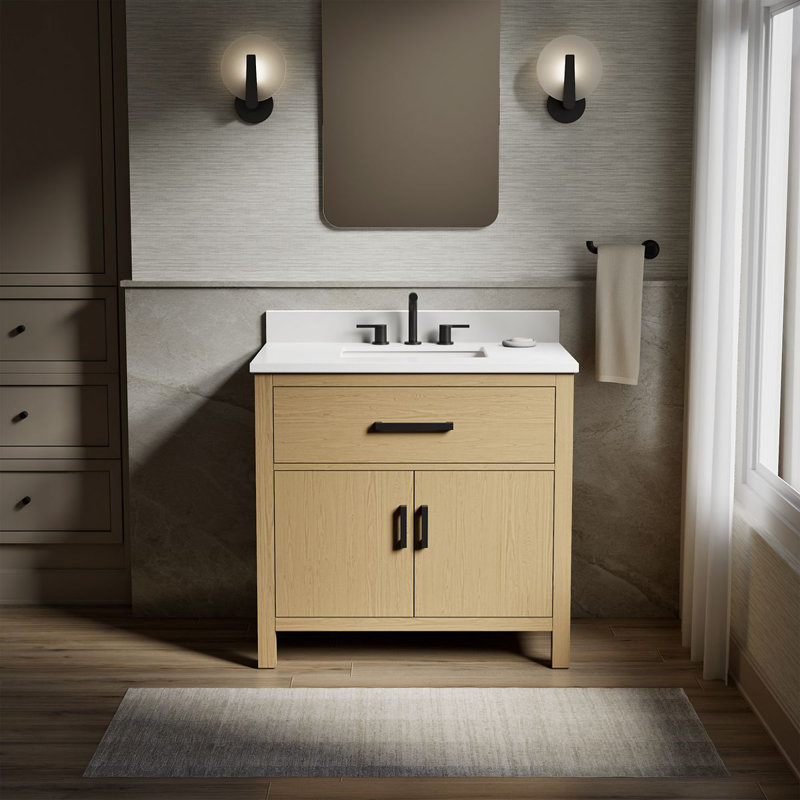 Kresla 36 In. Bathroom Vanity Cabinet With Sink And Quartz Top, Light Oak, Matte Black