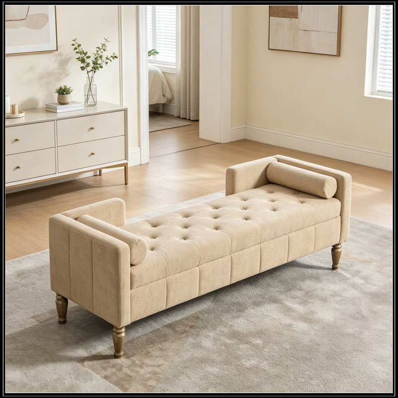 Banc de rangement en chenille avec accoudoirs et 2 traversins, Blé