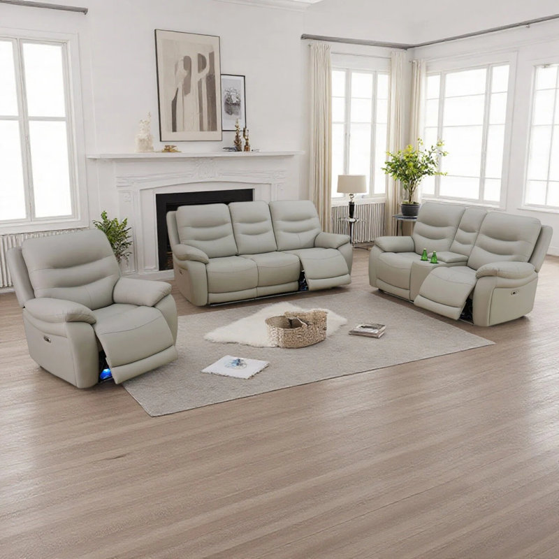 Ensemble de canapé inclinable électrique en cuir gris clair avec lumière DEL