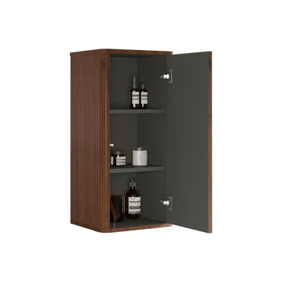 Bathroom Floating Side Cabinet , Striped Walnut Texture, Push-Open Door, Shelved Inside For Neat Storage, Safe Curvy Design, Engineered Wood Theme, Access, Interior , Built