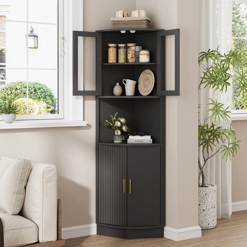64.9" Tall Corner Cabinet With Glass Door, Black, Gold