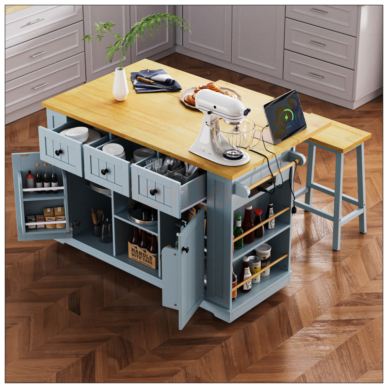 Large Kitchen Island With Storage, Power Outlet, And 2 Bar Stools On 5 Wheels For Enhanced Mobility And Functionality
