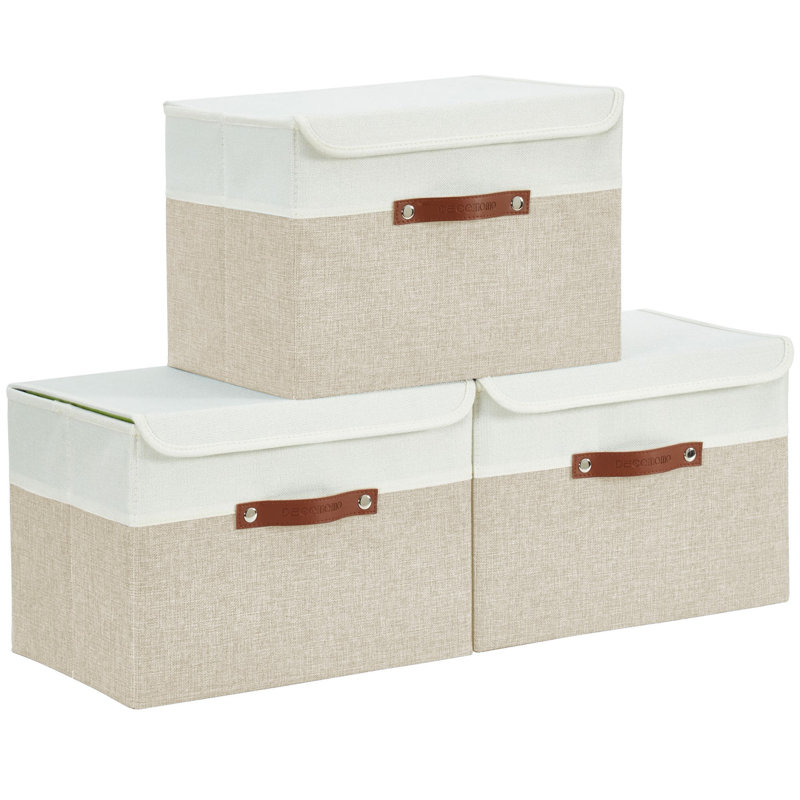 Panier pliable avec couvercle et poignées pliables, Beige / blanc