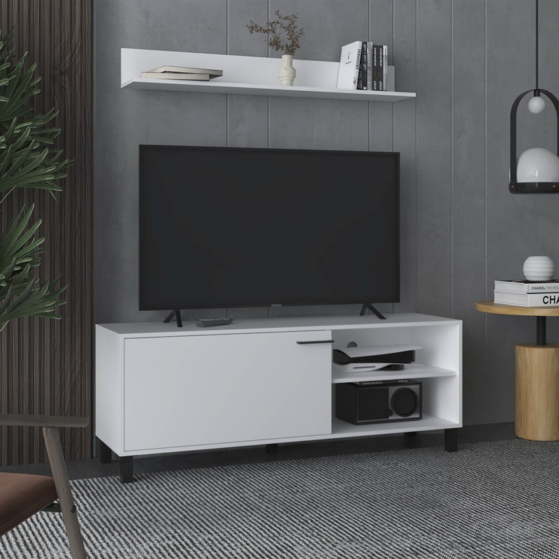 Ensemble de salon, meuble télé + tablette murale, 1 porte, 3 tablettes, blanc, H 27 po x L 55,1 po x l 15,8 po